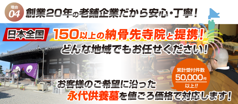 日本全国150以上の納骨先寺院と提携！どんな地域でもお任せください